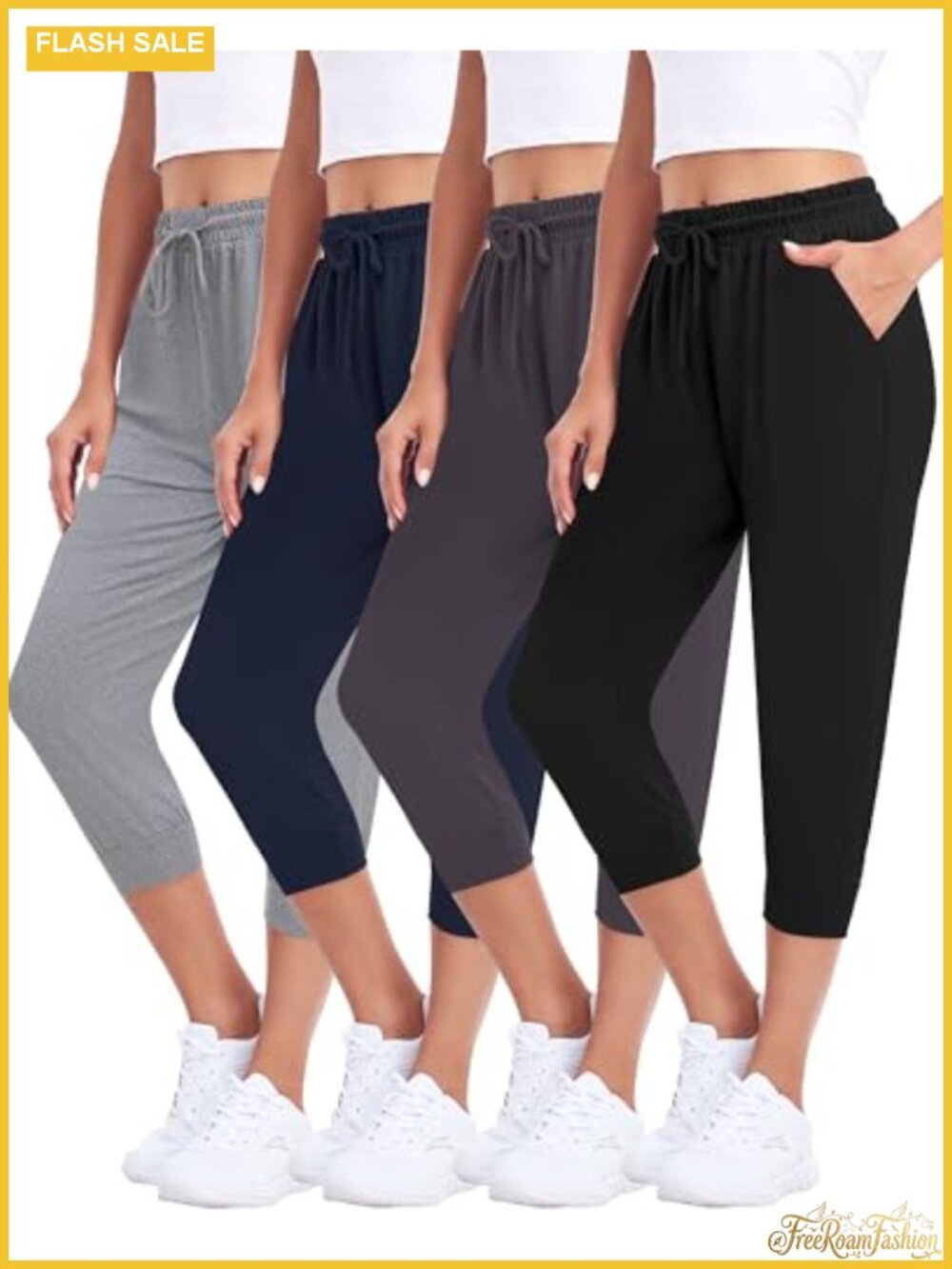 Women's Capri Sweatpants with Pockets 4-Pack High Rise Drawstring Joggers